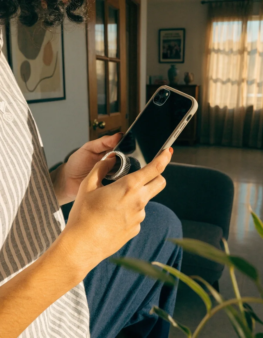 Funda de teléfono con un anillo de agarre adherido, vista en tres cuartos sobre fondo claro