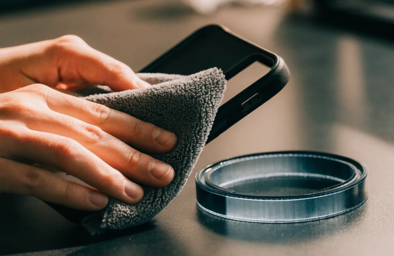 Manos limpiando la parte trasera de una funda antes de colocar el anillo adhesivo