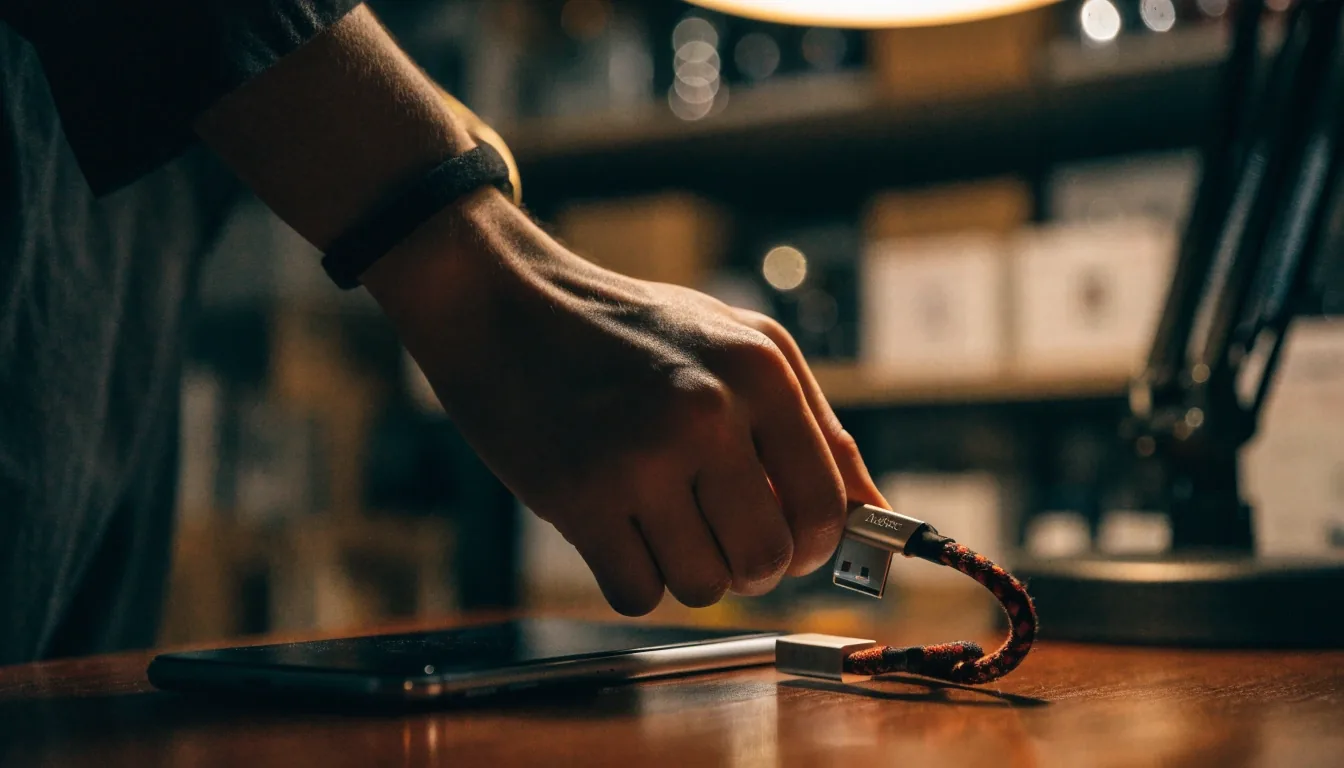 Cable USB-C Aukey de 2 metros enroscado sobre cartón oscuro en una mesa de trabajo nocturna