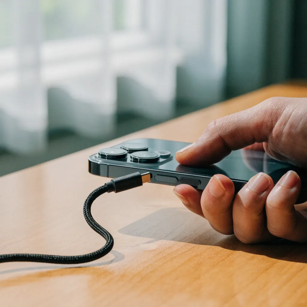 Mano sosteniendo el conector USB-C de un cable trenzado sobre fondo claro