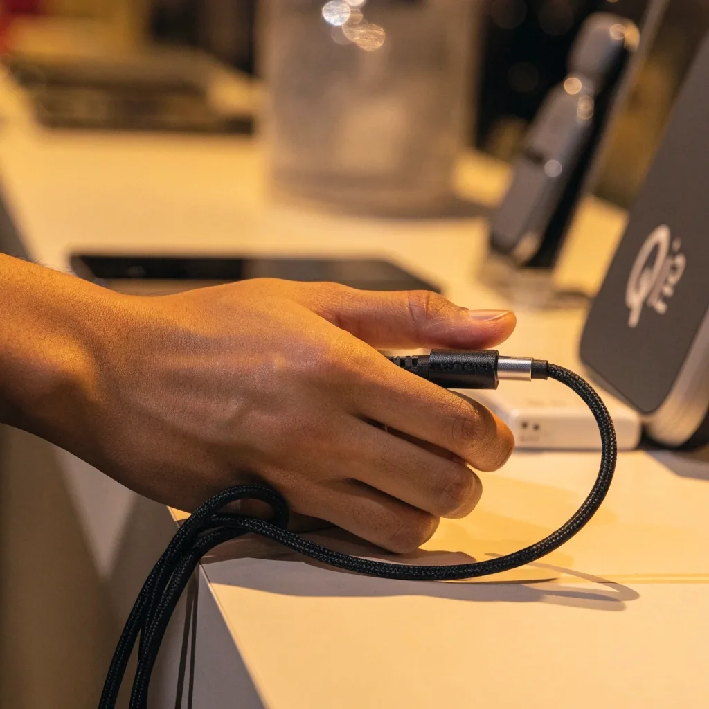 Cable USB-C Aukey de 2 metros enrollado sobre fondo claro