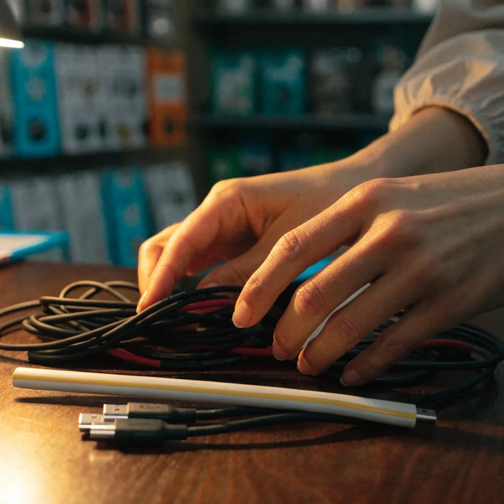 Manos acomodando cables de repuesto y una funda sobre una mesa de trabajo oscura