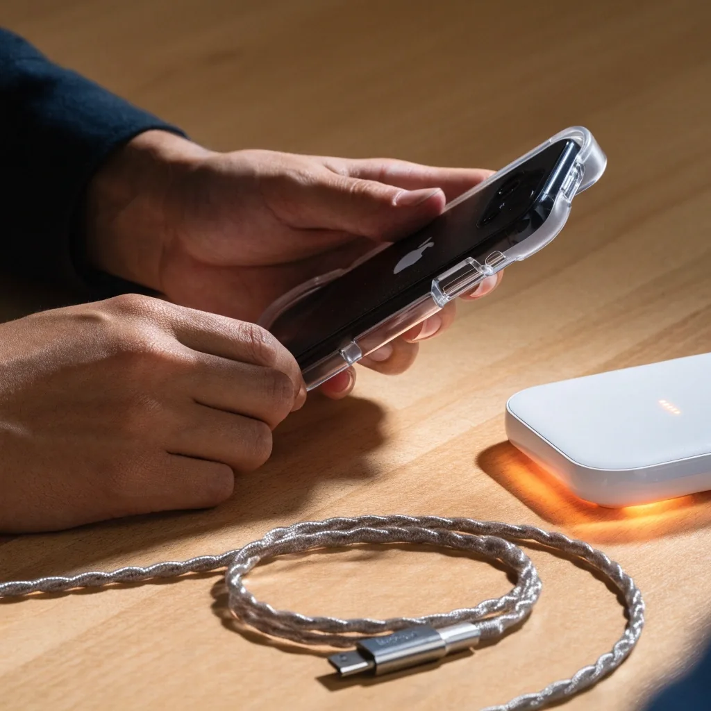 Manos colocando un teléfono en una funda protectora sobre una mesa de trabajo con un cargador encendido