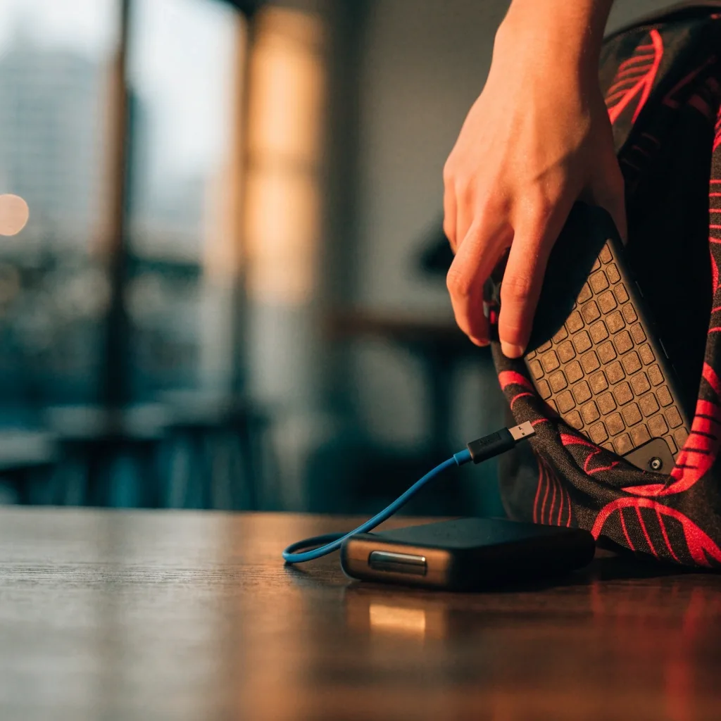 Teléfono con funda y cable USB-C sobre una superficie oscura junto a varias fundas ordenadas