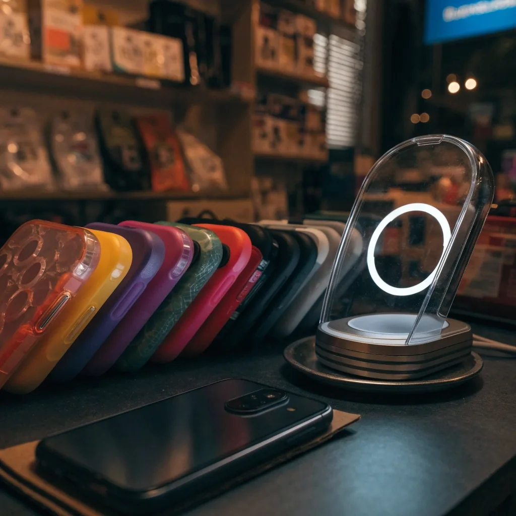 Mesa de trabajo de Frostkin con un teléfono boca abajo, un cargador inalámbrico encendido y fundas ordenadas sobre la superficie oscura