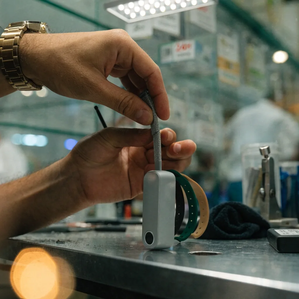 Bandas de repuesto para smartwatch sobre cartón oscuro en una mesa de trabajo nocturna