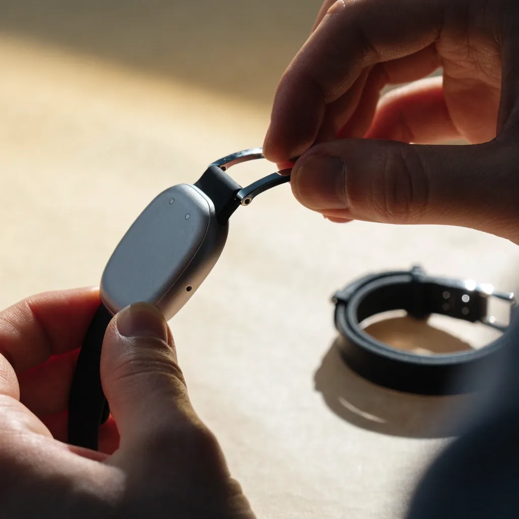 Manos colocando una correa de silicona en el cuerpo de un smartwatch