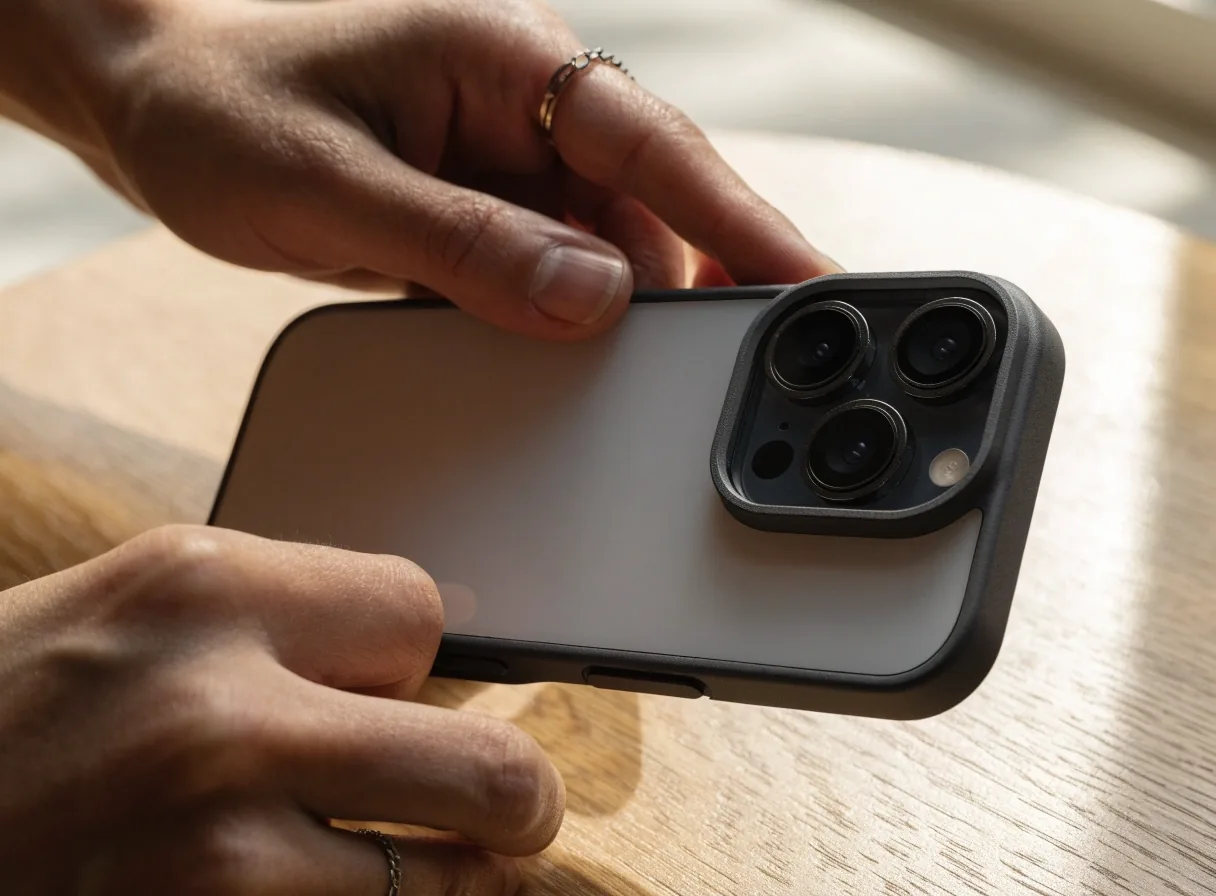 Funda colocada sobre un teléfono, con el borde elevado alrededor de la cámara