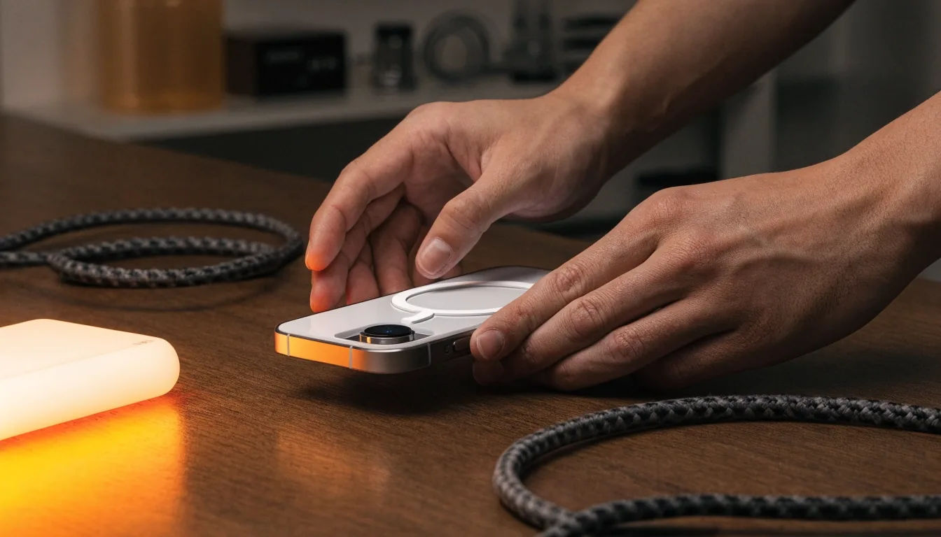 Funda MagSafe Frostkin Pro apoyada sobre cartón oscuro junto a una base de carga magnética encendida