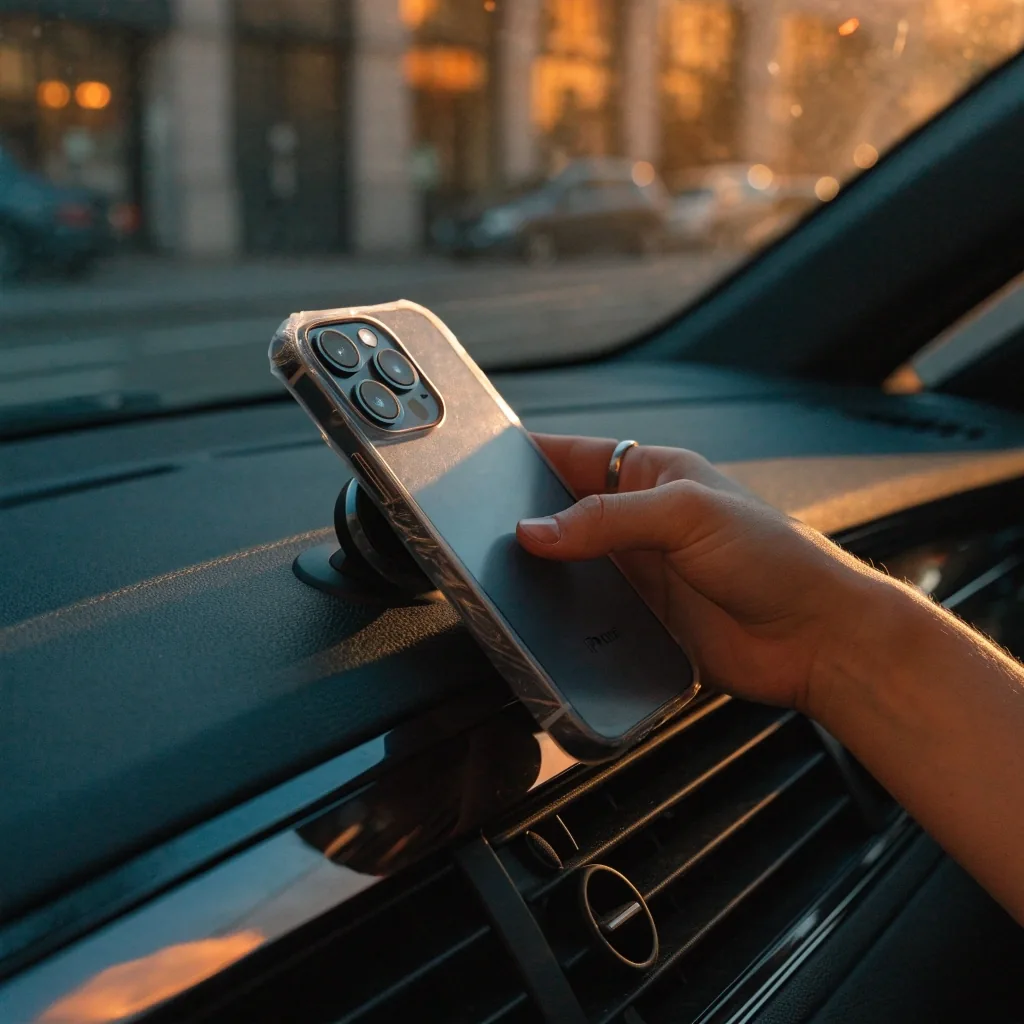 Teléfono con funda sujeto a un soporte magnético en la rejilla del auto al atardecer