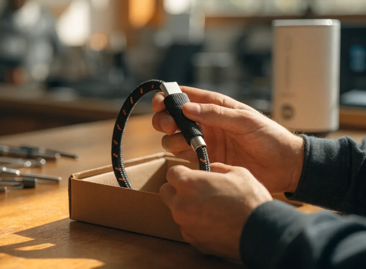 Conector USB-C trenzado sobre cartulina clara