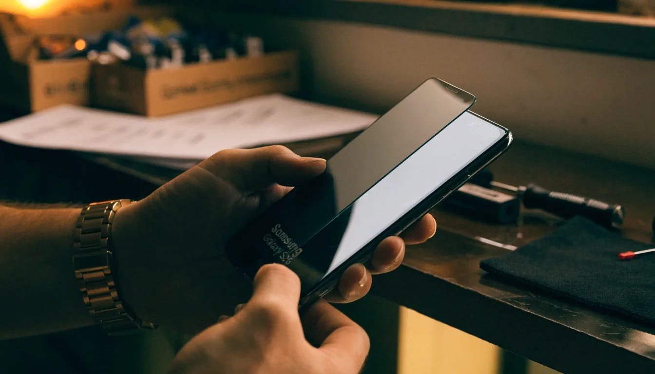 Mesa de trabajo nocturna con accesorios para celular y una lámpara encendida