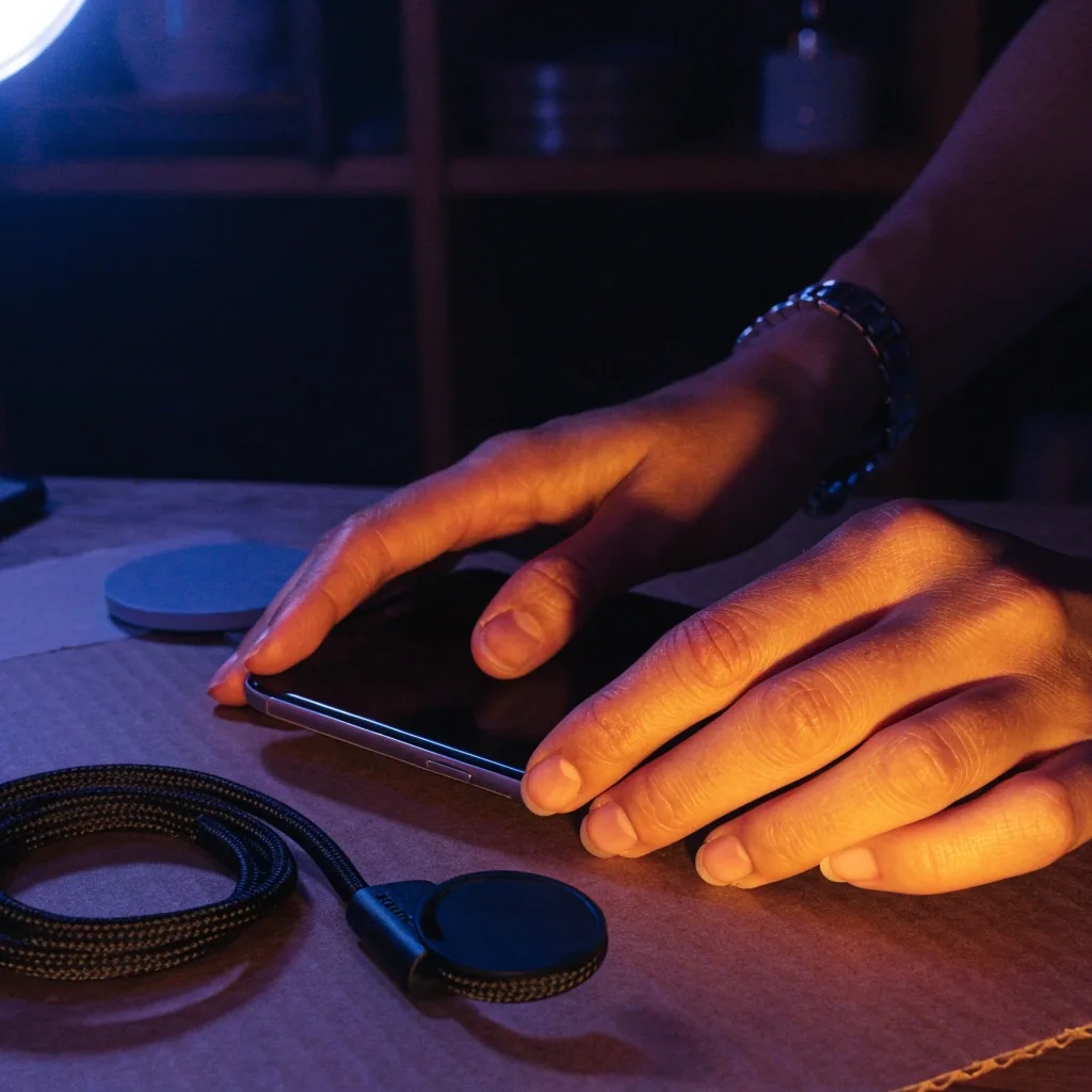 Manos colocando un teléfono boca abajo sobre una superficie oscura junto a un cable USB-C y un disco de carga