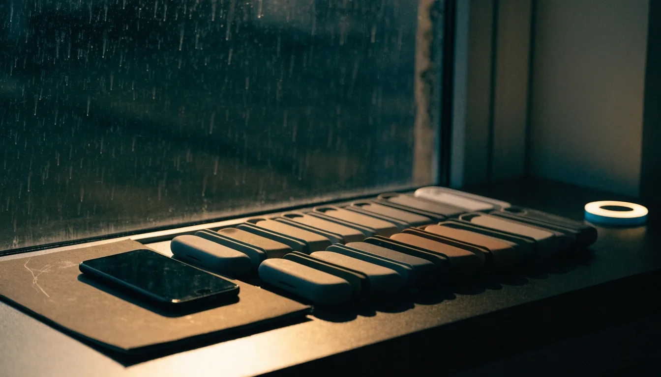 Mesa de trabajo nocturna con fundas de celular, un cargador magnético y un teléfono sobre cartón oscuro junto a una ventana con lluvia