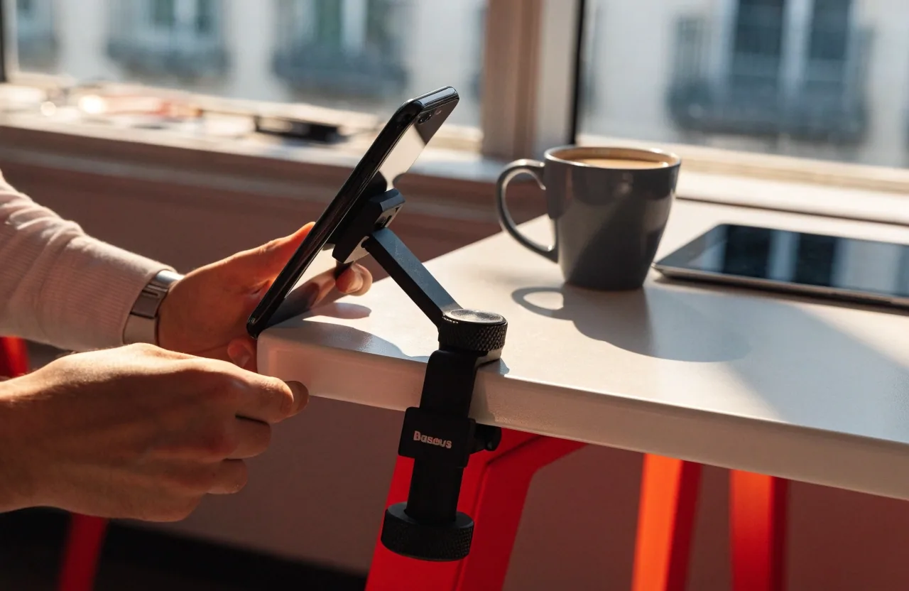 Soporte para celular Baseus ajustable montado sobre una mesa de trabajo oscura