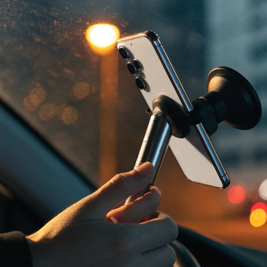 Soporte de tablero con base firme sosteniendo un teléfono dentro de un auto estacionado