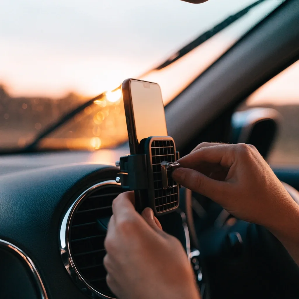Soporte de rejilla sujetando un teléfono en la salida de aire de un auto al atardecer