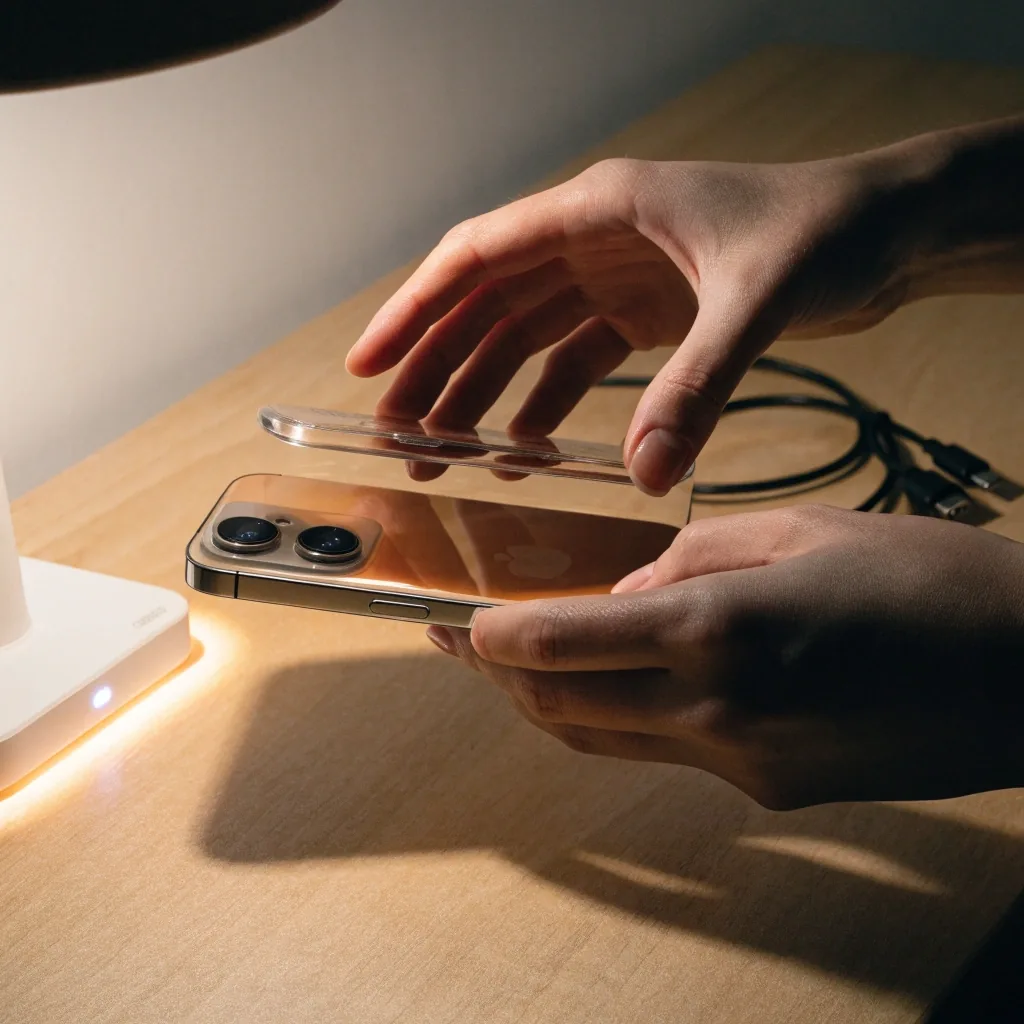Funda magnética montada sobre un celular apoyada sobre cartón claro bajo luz cálida