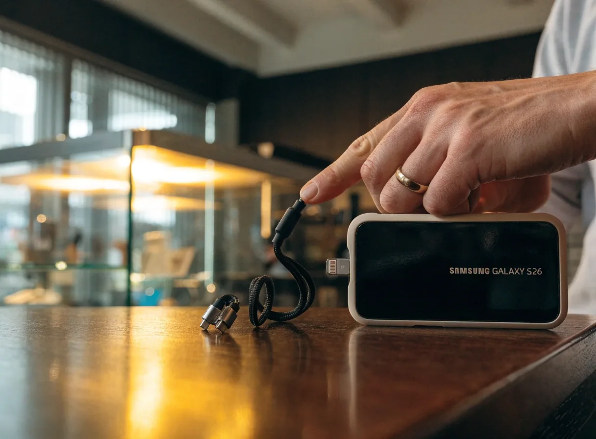 Cable trenzado USB-C a Lightning enrollado sobre cartón oscuro