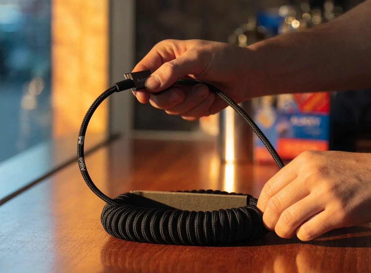 Cable USB-C trenzado enrollado sobre cartón oscuro
