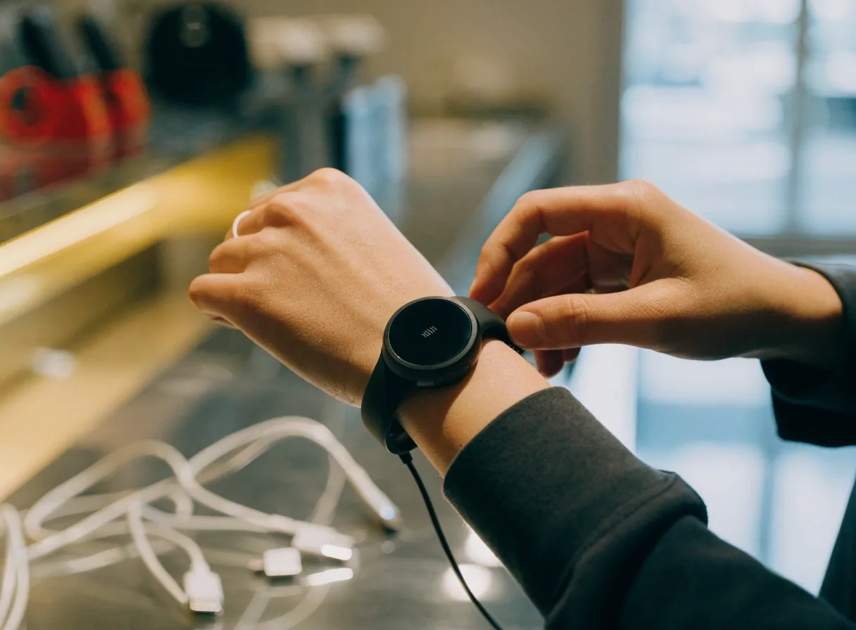 Correa de silicona para smartband enrollada sobre cartón claro