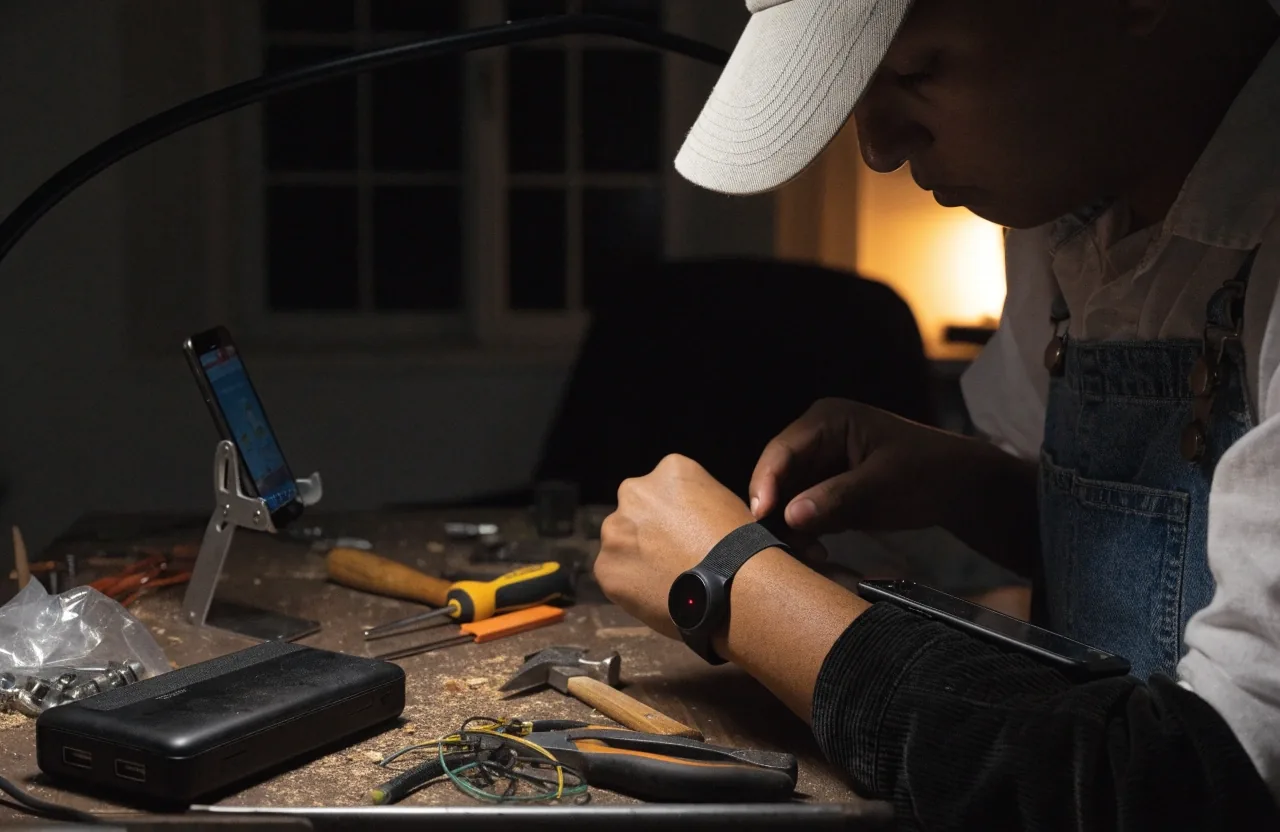Mesa de trabajo nocturna con fundas y cargador inalámbrico para celular