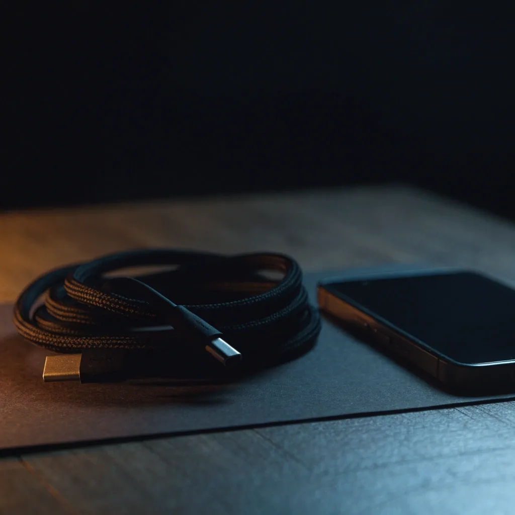 Cable USB-C trenzado enrollado sobre cartón oscuro en una mesa de trabajo