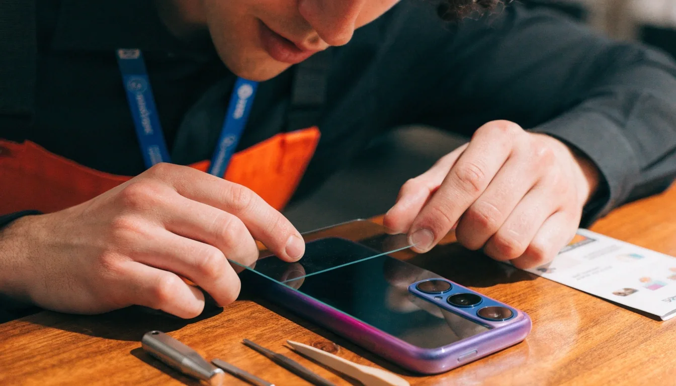 Manos colocando un vidrio templado transparente sobre la pantalla de un teléfono bajo una lámpara de escritorio