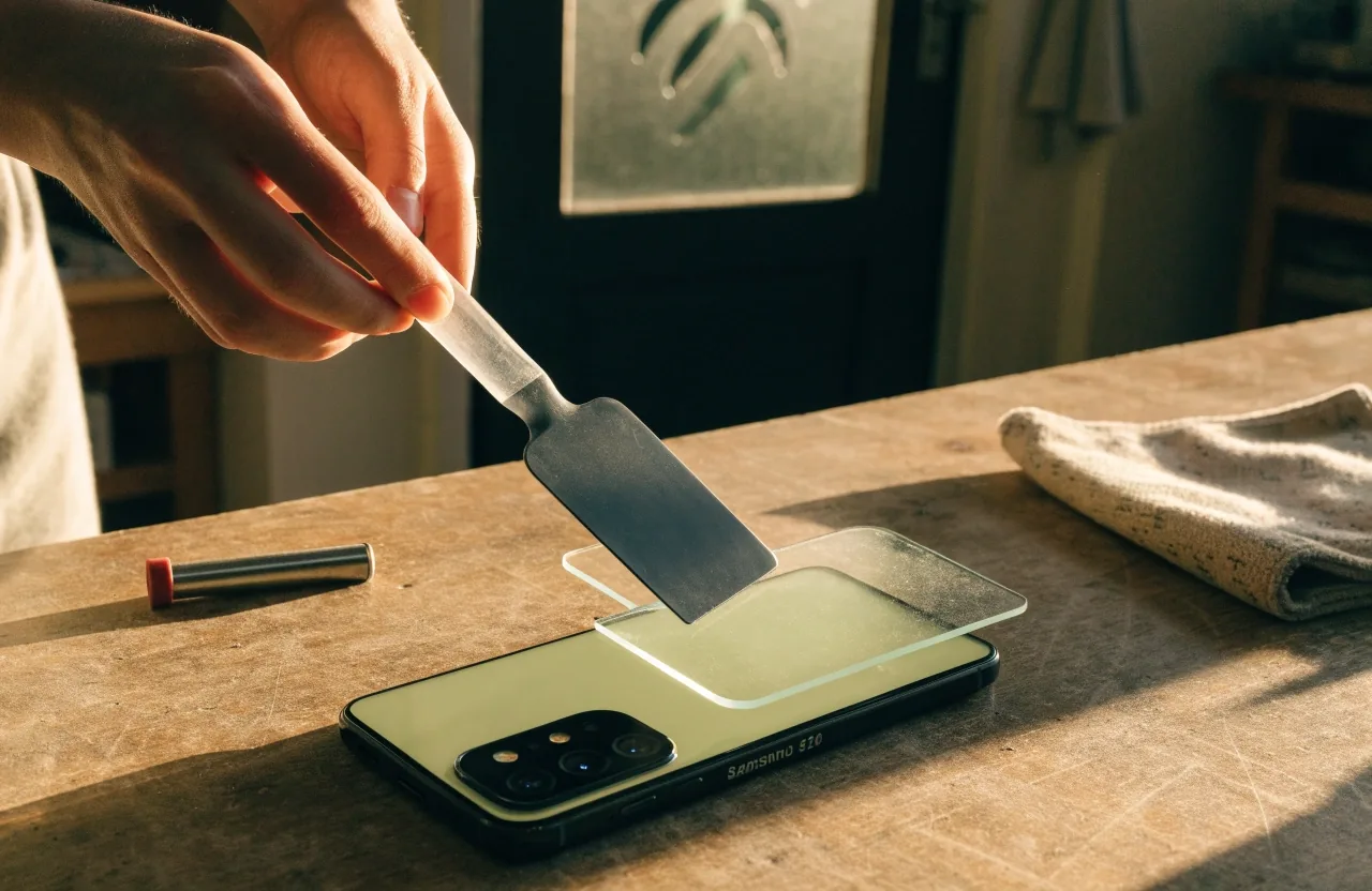 Primer plano de una pantalla de teléfono limpia lista para recibir el protector, bajo luz lateral